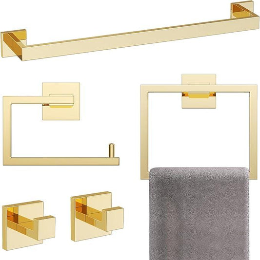 YACVCL 5-Piece Bathroom Hardware Accessories Set 23.6 inch Towel Bar Set Modern Towel Rack Set Stainless Steel Wall Mounted Bathroom Towel Holder Set(Bright Gold) - ModernBath