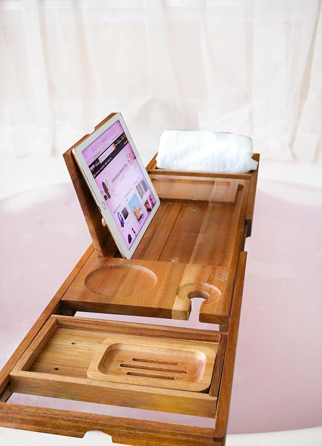 XcE Foldable Acacia Wood Bathtub Caddy Tray - Expandable to 40 Inches with Non-Slip Pads for Couples Luxury Bath - ModernBath