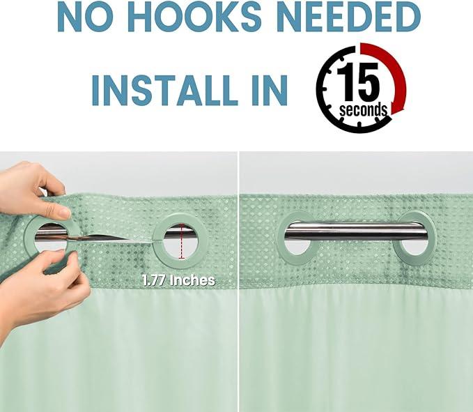 EUTXL Mint Green Long No Hook Shower Curtain with Snap in Liner,230GSM Waffle Weave Shower Curtains for Bathroom,71W x 86H - ModernBath