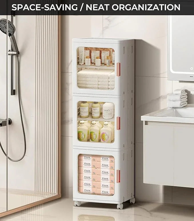 3-Tier Slim Narrow Bathroom Storage Cabinet with Movable Wheels and Adjustable Shelves Plastic Cabinets with Doors Foldable Small Spaces Organizers for Kitchen Laundry Bedroom Pantry,White - ModernBath