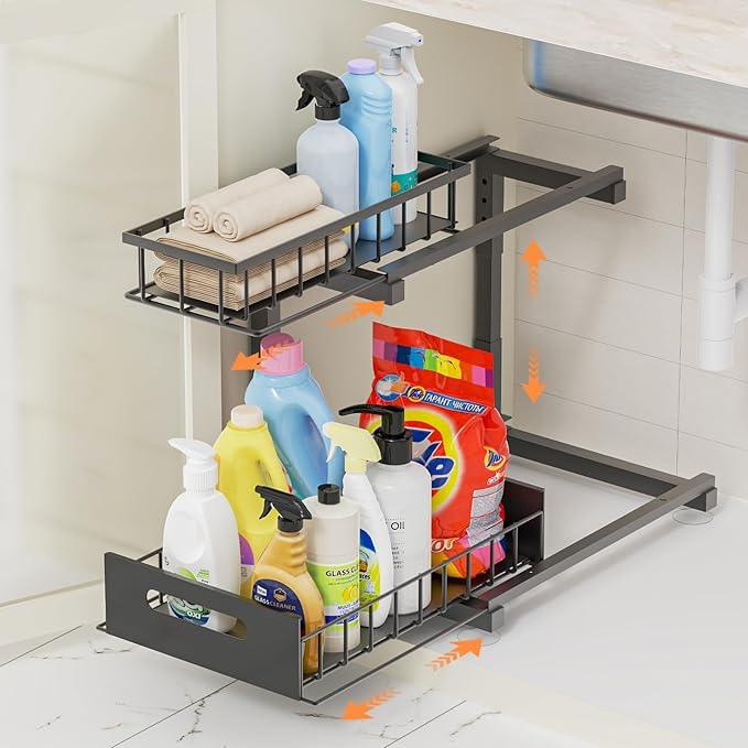 Under Sink Organizer, Heavy Duty Metal Slide Out Sink Shelf Organizer Height Adjustable, Multi-Purpose Storage Shelf for Kitchen Bathroom (Black,1Pack) - ModernBath