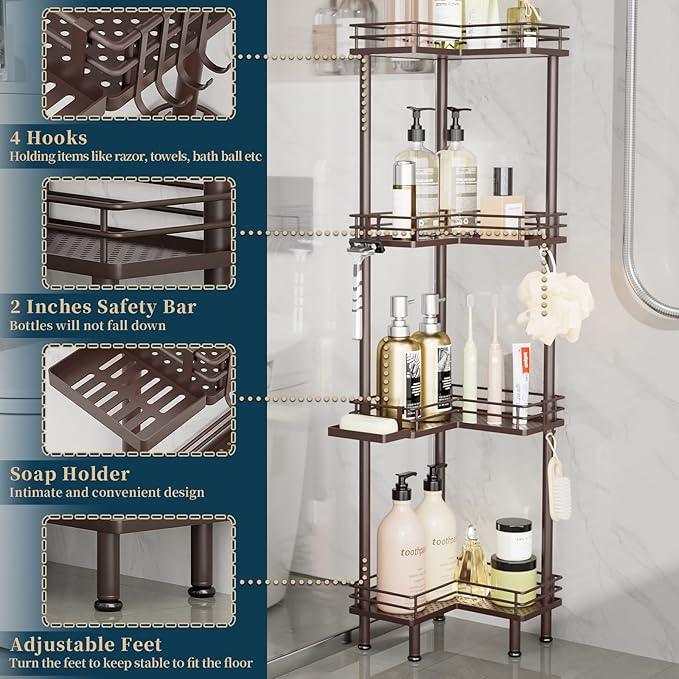 Consumest Corner Shower Caddy Standing - 4-Tier Stainless Steel Shower Organizer with Soap Holder and 4 Hooks, Large Capacity Corner Shelf Stand for Bathroom, Rest Room, Bronze - ModernBath