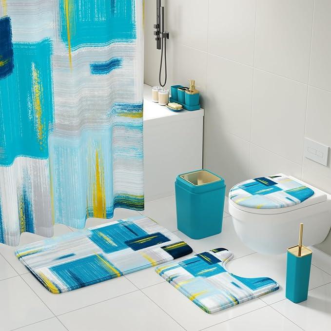 XLHOMO Bathroom Set - Teal Blue Bathroom Accessories Set, Bathroom Sets with Shower Curtain and Rugs, Teal Blue Shower Curtain Set with Bathroom Trash Can, Soap Dispenser, Soap Dish for Home Decor - ModernBath