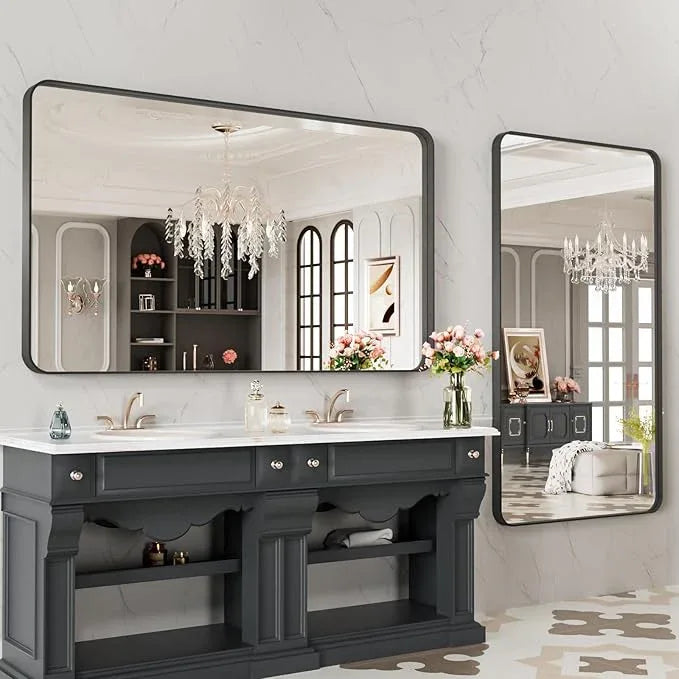 LOAAO 48X28 Inch Black Metal Framed Bathroom Mirror for Wall, Matte Black Bathroom Vanity Mirror Farmhouse, Anti-Rust, Tempered Glass, Hangs Horizontally or Vertically - ModernBath