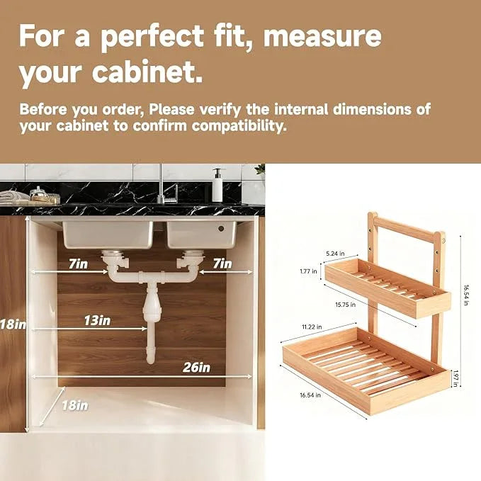 Bamboo Undersink Organizer Storage - 2-Tier Cabinet Shelf with Adjustable Levels, Under Sink Storage Slide Out for Cabinet Pantry Kitchen Bathroom (Natural) - ModernBath