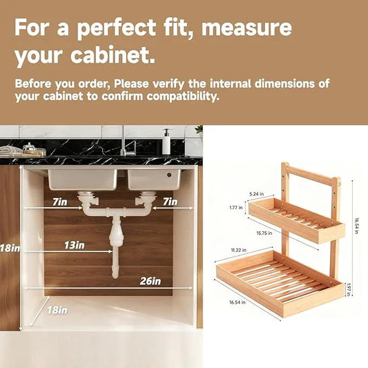 Bamboo Undersink Organizer Storage - 2-Tier Cabinet Shelf with Adjustable Levels, Under Sink Storage Slide Out for Cabinet Pantry Kitchen Bathroom (Natural) - ModernBath