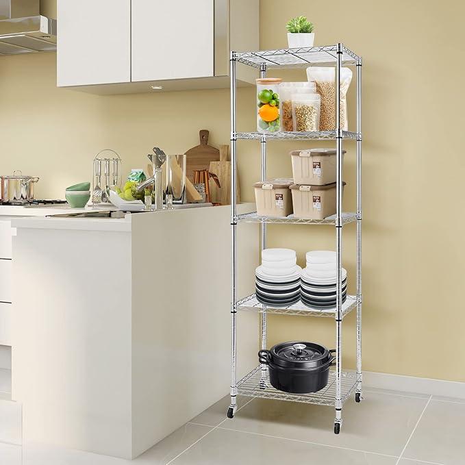 BNSPLY 5 Tier Narrow Wire Shelving Unit with Wheels, Height Adjustable Wire Shelves with NSF Certified, Mobile Metal Storage Rack for Kitchen, Laundry, Bathroom (17.7" D x 23.6" W x 71" H, Chrome) - ModernBath