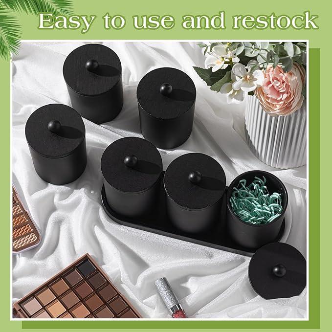 Chengu 6 Pack Cotton Swab Holder with Bamboo Lids and Trays and Labels Glass Round Swab Dispenser Cotton Ball Holder Glass Apothecary Jars Floss Pick Containers Bathroom Organizers(Black) - ModernBath