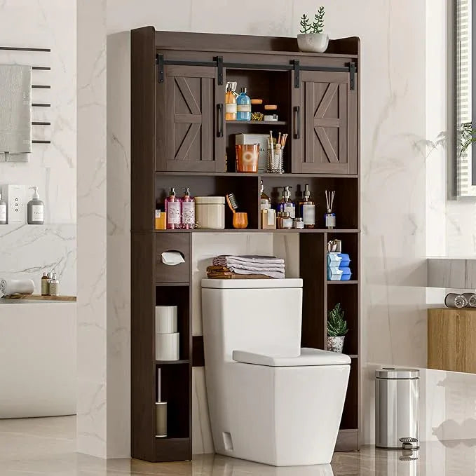 Farmhouse Storage Cabinet Over Toilet with Sliding Doors，Over The Toilet Storage Cabinet, Home Space-Saving Toilet Rack, for Bathroom, Restroom, Laundry.Espresso - ModernBath