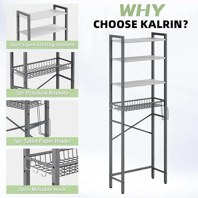 Over-The-Toilet Storage Rack, 4-Tier Bathroom Organizer Shelf Over Toilet with Adjustable Shelf and Basket, Freestanding Space Saver Bathroom Shelves Above Toilet for Room (Gray- White) - ModernBath