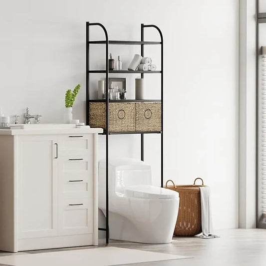Zhongma 4-Tier Over The Toilet Storage with 2 Baskets, Metal Bathroom Organizers and Storage for Small Space, Slate and Weave - ModernBath