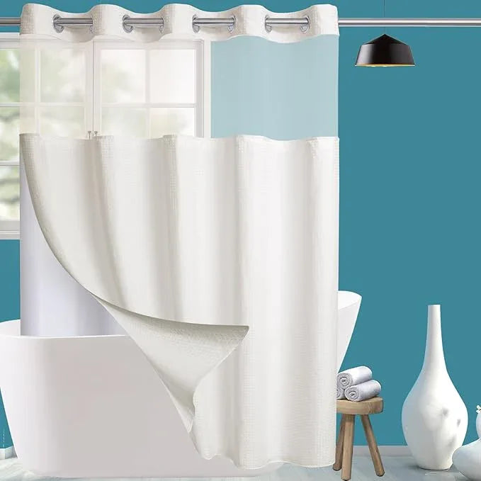 Conbo Mio No Hook Waffle Weave Shower Curtain with Snap in Liner Set, Hotel Luxury Beige Shower Curtains for Bathroom with See Through Top Window, Waterproof, Washable 71W x 74H - ModernBath