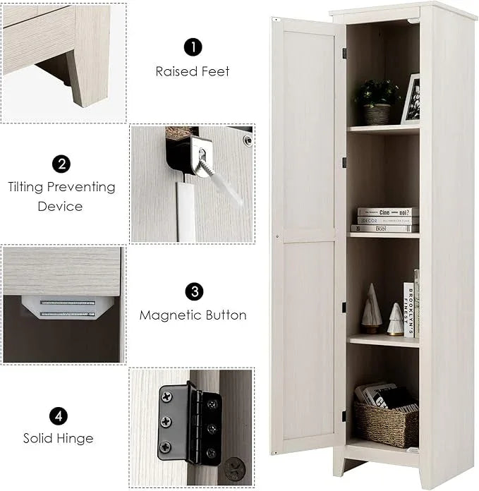 Giantex Tall Storage Cabinet Freestanding Floor Storage Tower with Four Shelves and Single Door, 17x16x72 Inch, Narrow Utility Cabinet for Living Room, Bathroom (Grayish White) - ModernBath