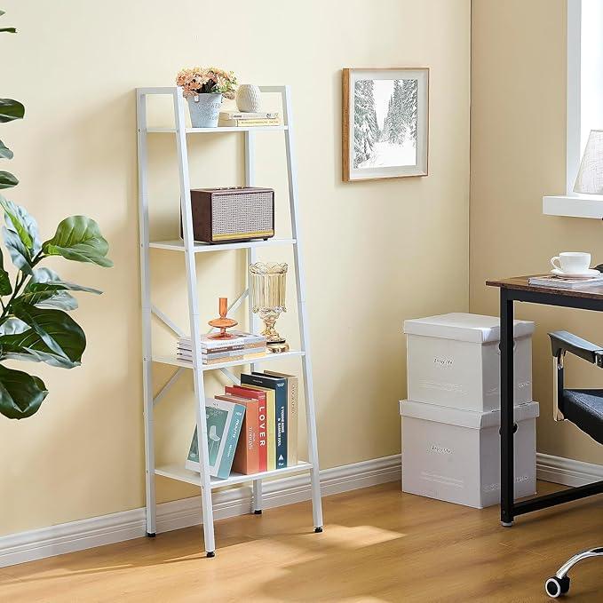 Hoctieon 4-Tier Industrial Ladder Bookshelf, Narrow Ladder Shelf, Tall Standing Bookshelf, Skinny Open Ladder Shelf, for Living Room, Home Office, Kitchen, Bedroom, Metal Frame, White - ModernBath