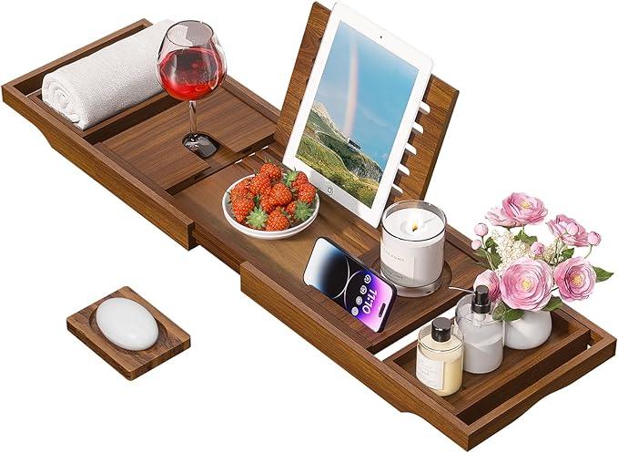 Wooden Bathtub Tray for Luxury Bathroom, Expandable Premium Teak Bath Tray, Adjustable Bath Accessories for Tub, as Unique Housewarming, Holiday, Birthday Gifts - ModernBath