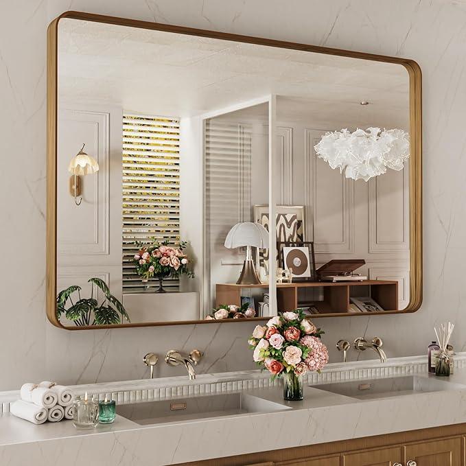 LOAAO 55X36 Inch Bathroom Mirror with Wood Grain Colored Metal Frame, Rounded Rectangle Metal Framed Bathroom Mirror, Anti-Rust, Hangs Horizontally or Vertically, Tempered Glass - ModernBath
