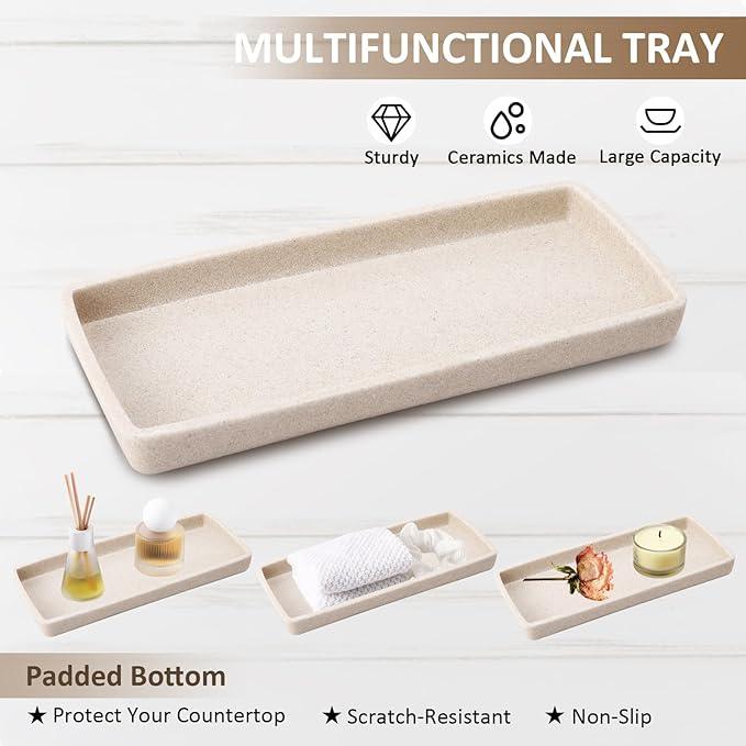 Resin 6 Pcs Beige Bathroom Set Complete with Toothbrush Holder, Lotion Soap Dispenser, 2 Qtip Holder Dispensers,Vanity Tray,Bathroom Tumbler - Countertop Vanity Organizer - Bathroom Accessories Set - ModernBath