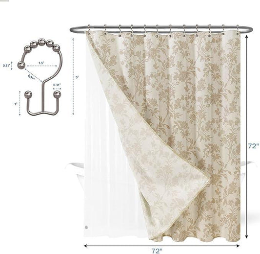 WOUVMA 3 in 1 Shower Curtain with Liner and Hooks Beige Floral Cotton Linen Shower Curtain for Bathroom 72" W x 72" L Double Layer - ModernBath