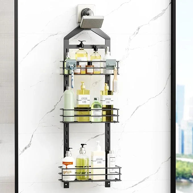 Orimade Adjustable Anti-slip Shower Caddy over Head, Rustproof Bathroom Hanging Organizer with 2 Hooks for Razor, No Drilling Shower Shelves Storage Rack 3 Tier, Black - ModernBath