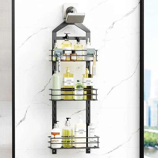 Orimade Adjustable Anti-slip Shower Caddy over Head, Rustproof Bathroom Hanging Organizer with 2 Hooks for Razor, No Drilling Shower Shelves Storage Rack 3 Tier, Black - ModernBath