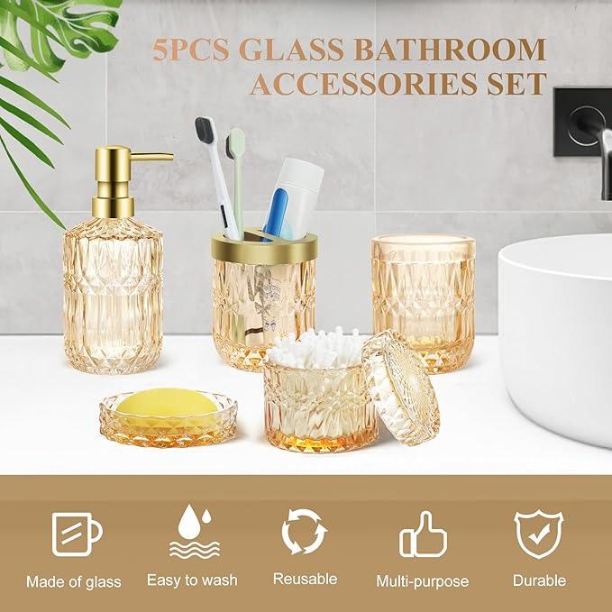 Ulable Bathroom Accessories Set, 5Pcs Gold Glass Bathroom Accessories Set with Gold Soap Dispenser, Soap Dish, Toothbrush Holder, Tumbler, Cotton Swab Jars - ModernBath