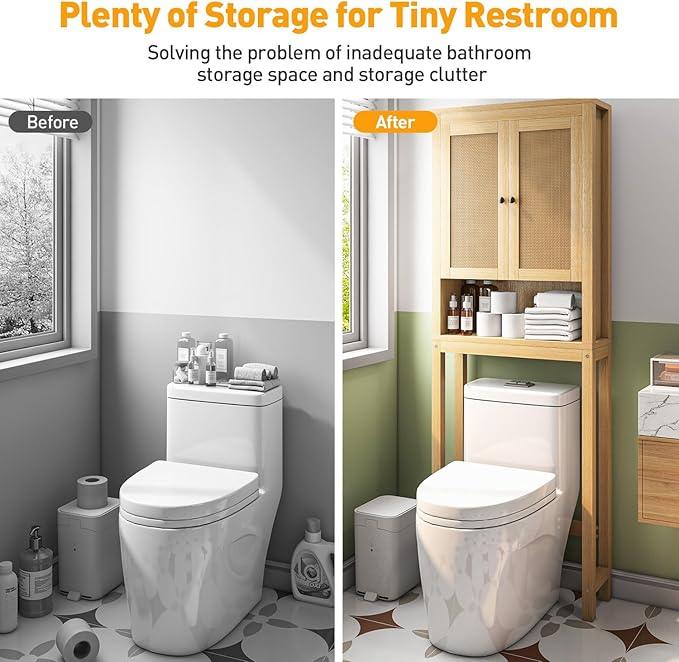 knoworld Rattan Over The Toilet Storage Cabinet, Above Toilet Bathroom Organizer with Adjustable Shelf, Behind Toilet Cabinet, Space Saver for Restroom, Bathroom, Laundry, Wood Rack, Natural - ModernBath