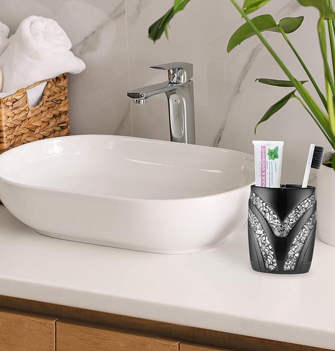 Zahari Home 4pc Sinatra Stylish Bathroom Accessories Set Black Soap Dispenser/Lotion Pump, Tumbler, Tooth Brush Holder and Soap Dish Modern Luxury Decor Bling Mosaic Glass Black Bathroom Accessories - ModernBath