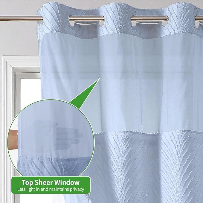 eachope stall no Hook Tufted Shower Curtain with snap in Liner Set, White Waterproof Fabric Inner Liner,Boho Style Shower Curtain with See Through top Window, FrostBlue, 36Wx74H - ModernBath