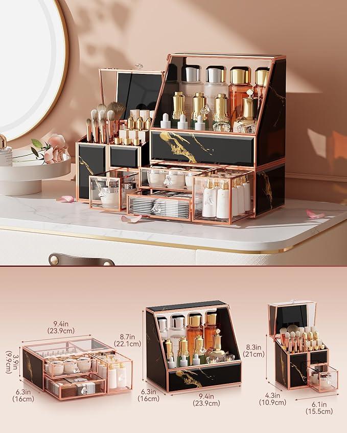CoralHouse Makeup Organizer Black,Glass Vanity Organizer for Skincare, Perfume, Brushes & Lipsticks – Countertop Makeup Storage Box for Women, Bathroom or Dresser - ModernBath