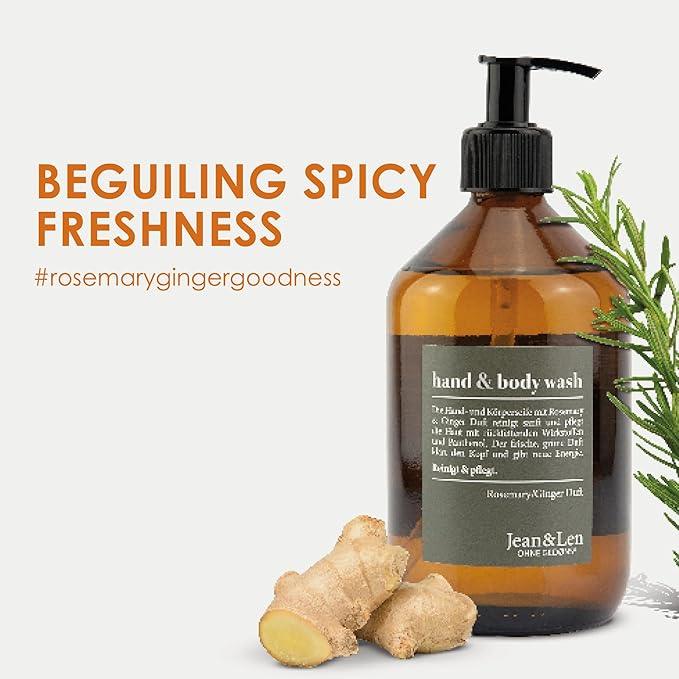 Jean & Len Hand & Body Wash Liquid, Spicy fresh scent Rosemary & Ginger, Hand and Body refillable Liquid, 100% vegan, without silicones, parabens and microplastics 16.9 Fl. Oz. - ModernBath