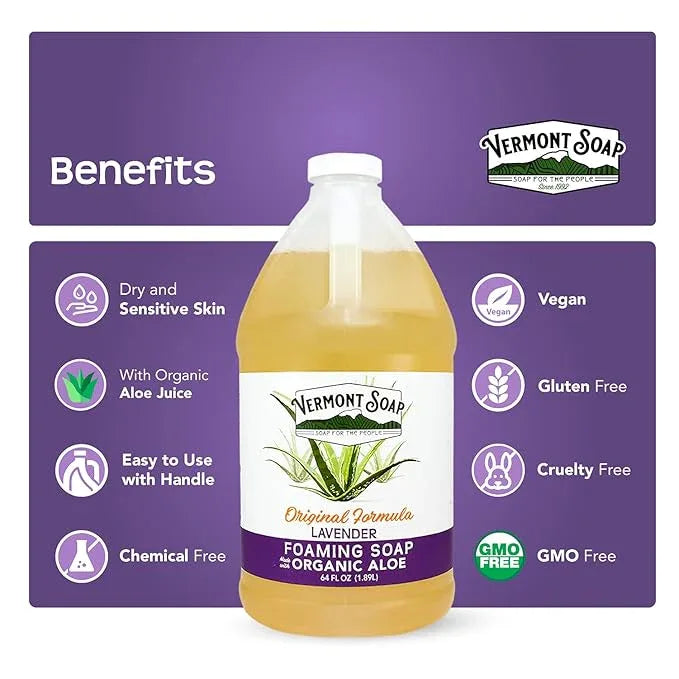 VERMONT SOAP Organic Lavender Foaming Hand Soap - Natural Moisturizing Soap for Dry Skin - Fragrance Free Liquid Bathroom Hand Soap - Lavender- 64 oz - ModernBath