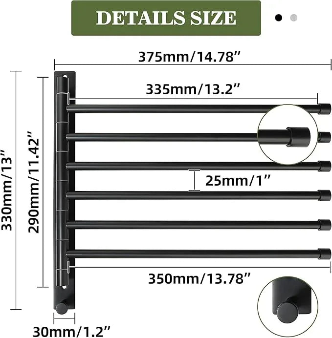Alise Swivel Towel Rack, SUS304 Stainless Steel 6 Arms Towel Bar, Space Saving Swing Out Towel Bar with Hook, Towel Racks Wall Mounted for Bathroom, Matte Black - ModernBath