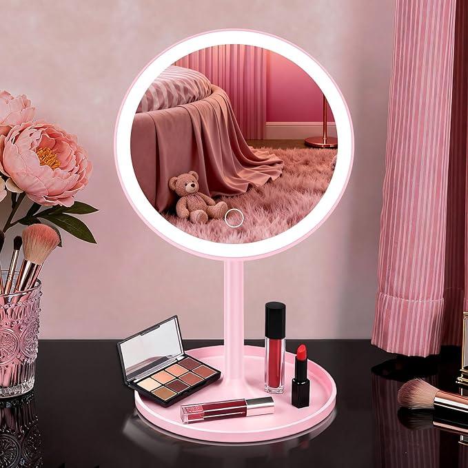 Amifiy Magnetic Makeup Mirror with Lights, 8" Pink Vanity Mirror with Lights, 360° Rotation, 3 Colors & Brightness Adjustable, Lighted Makeup Mirror for Desk, Gifts for Kids/Girls/Teens/Women - ModernBath