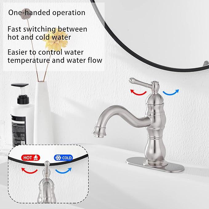 Bathroom Faucet Brushed Nickel GGStudy 360° Swivel Bathroom Vanity Faucet Single Handle One Hole Bathroom Sink Faucet Basin Matching Pop Up Drain with Overflow - ModernBath