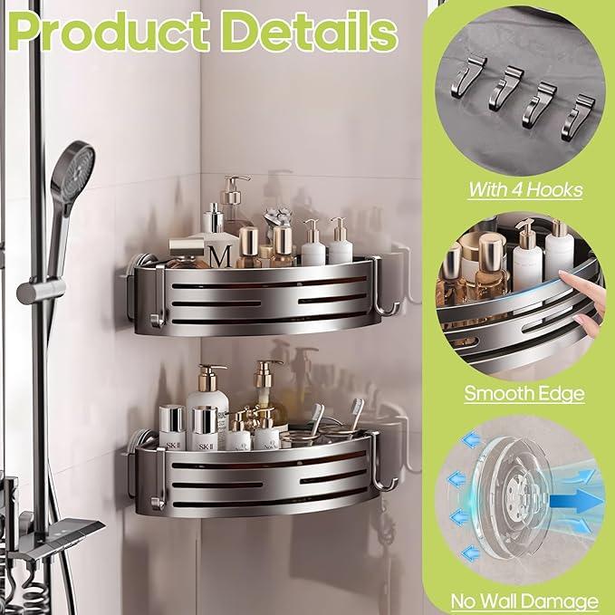 Corner Shower Caddy Suction Cup,Shower Shelves with Hooks,No Drilling Powerful Suction Bathroom Organizers and Storage,Removable Waterproof Rustproof Shower Bathroom Accessories Decor(Grey 2Pack) - ModernBath