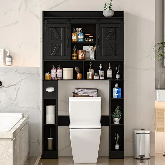 Farmhouse Storage Cabinet Over Toilet with Sliding Doors，Over The Toilet Storage Cabinet, Home Space-Saving Toilet Rack, for Bathroom, Restroom, Laundry.Pure Black - ModernBath