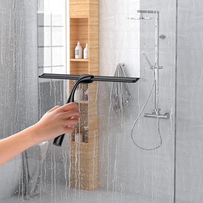 Black 14-Inches Stainless Steel Shower Squeegee Set, Include Shower Door Hook, Adhesive Hook and Spare Silicone Blade, Window Squeegee for Shower Glass Door, Bathroom, Mirror, Window and Car Glass - ModernBath