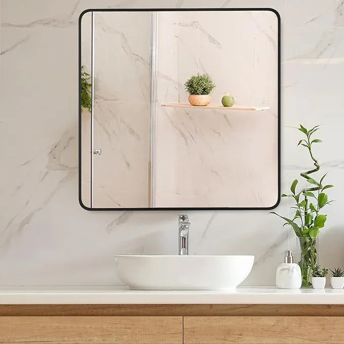 Bonverre 30x30 Inch Rectangle Bathroom Mirror with Black Metal Frame, Rounded Corner Rectangular Vanity Mirror for Wall, Modern Large for Bedroom, Living Room, Horizontal or Vertical - ModernBath