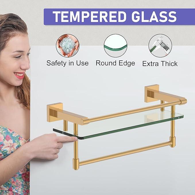 Bathroom Glass Shelf Brushed Gold Finish with Towel Rack, SUS304 Stainless Steel, 16-inch Tempered Glass Shelves for Wall - ModernBath