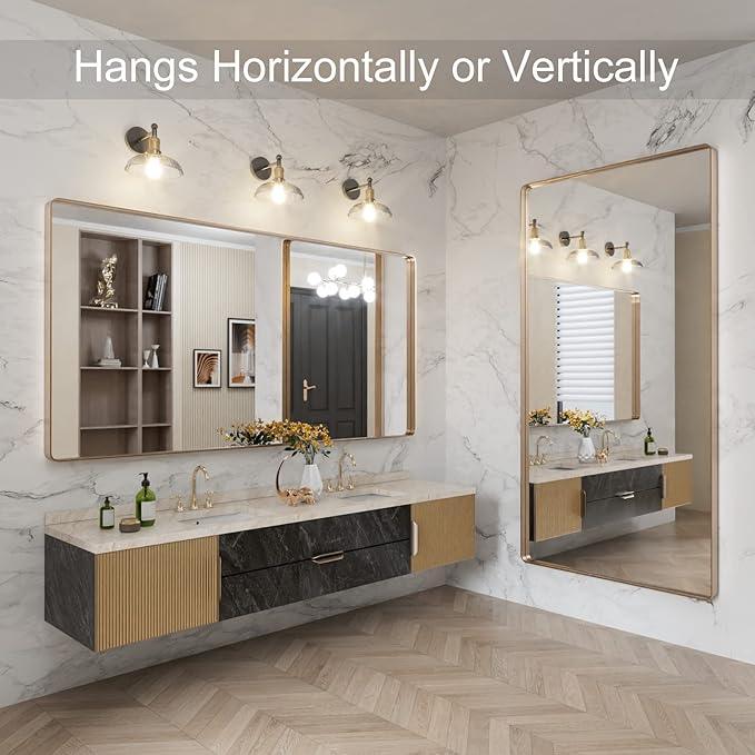 LOAAO 72”X36” Gold Bathroom Mirror, Rounded Rectangle Gold Frame Mirror, Brushed Gold Bathroom Vanity Mirror Wall-Mounted, Anti-Rust, Tempered Glass, Hangs Horizontally or Vertically - ModernBath