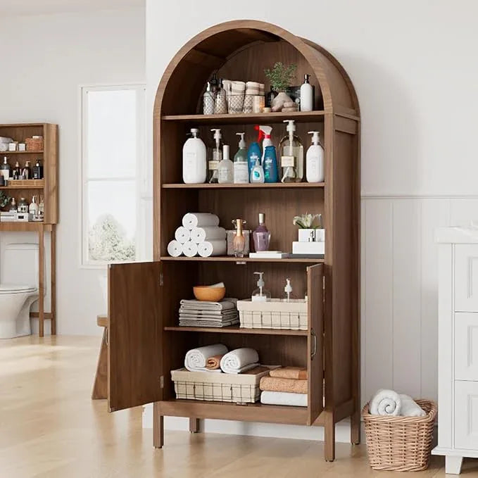 70.9" Tall Storage Cabinet with Fluted Doors, Arched Freestanding Cabinet with 5 Shelves, Wooden Bookcase Storage Cabinet Suitable for Living Room, Dining Room, Bathroom - ModernBath