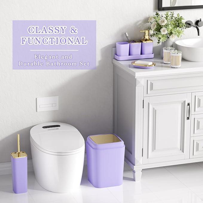 XLHOMO Purple Bathroom Accessories Set, Purple and Gold Bathroom Accessories with Trash Can, Soap Dispenser, Soap Dish, Toothbrush Holder and Q-tip Holders - ModernBath