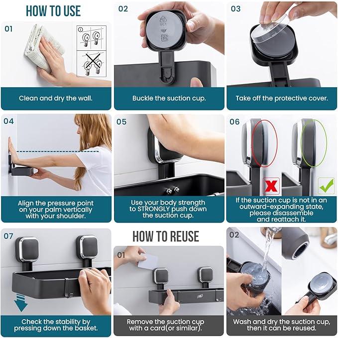TAILI Shower Caddy Suction Cup, Heavy Duty Shower Organizer for Bathroom, Removable Shelves for Inside Shower, Wall Mounted Aluminum Storage for Bathroom Holder, Dark Gray - ModernBath