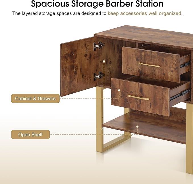 BarberPub Styling Barber Station, Wall Mount Storage Cabinet, Salon Equipment for Hair Stylist, Spa Beauty Makeup Organizer, Bathroom Dresser with Drawers & Shelf 3185 (Rustic Brown) - ModernBath