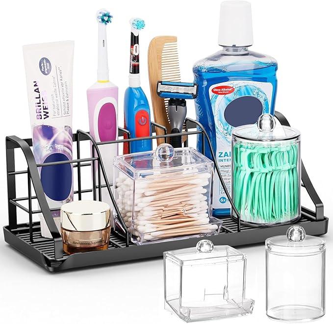Toothbrush Holders Set with 2 Pack Qtip Holder Dispenser, Kids Electric Toothbrush and Toothpaste Holder, 7 Slots Tooth Brushing Holder for Bathroom Sink Countertop Organizer and Storage Accessories - ModernBath
