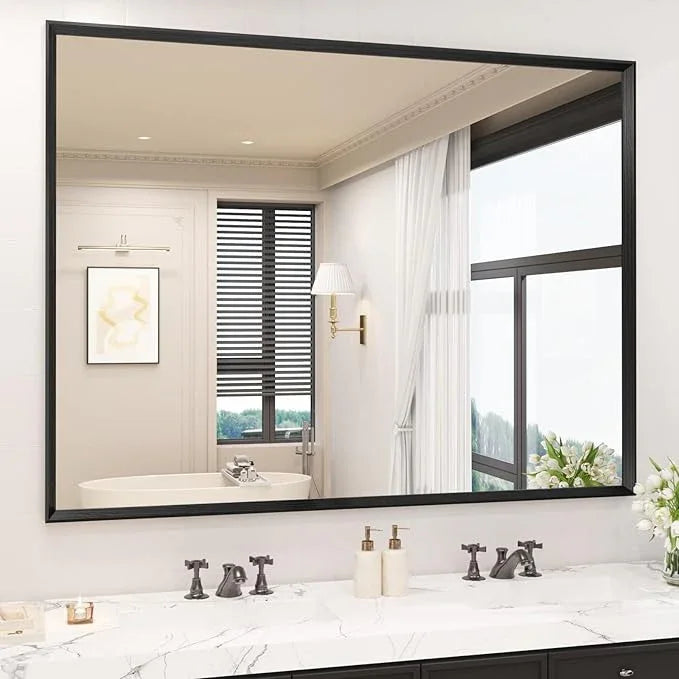 JISOSO Bathroom Vanity Mirror 48x36 Inch, Matte Black Rectangle Bathroom Mirror, Anti-Rust, 4MM Tempered Glass, Wall-Mounted Mirror, Hangs Horizontally or Vertically for Bathroom & Bedroom - ModernBath