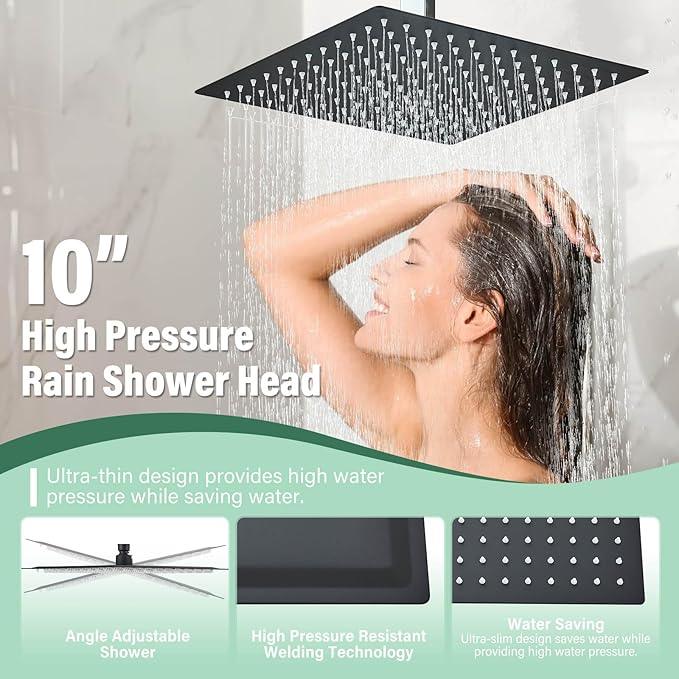 Shower Faucet Set Matte Balck Rain Shower System with High Pressure 10 Inches Rain Shower Head and Handheld Spray Bathroom Luxury Rain Mixer Shower Complete Combo Set Ceiling Mounted - ModernBath