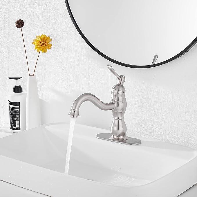 Bathroom Faucet Brushed Nickel GGStudy 360° Swivel Bathroom Vanity Faucet Single Handle One Hole Bathroom Sink Faucet Basin Matching Pop Up Drain with Overflow - ModernBath
