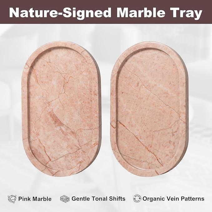 Cream Rose Marble Oval Tray 10x6 Inch - Vanity & Bathroom Organizer, Coffee Table Decor - Weighted Stone Base - ModernBath