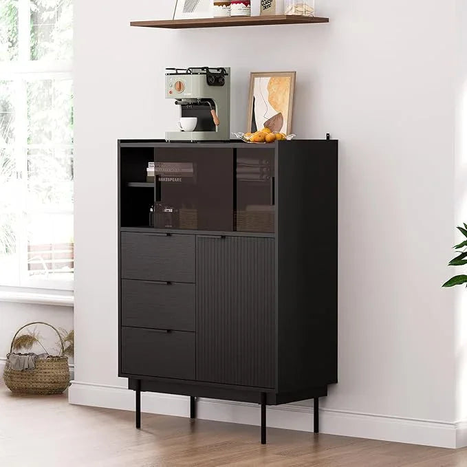 MEISSALIVVE Sideboard Cabinet, 31.5" x 45" Buffet Cabinet with Storage, Black Sideboard with 2 Sliding Doors & 3 Drawers, Coffee Bar Modern Entryway Storage for Living Room, Bedroom, Kitchen - ModernBath
